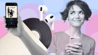 a woman wearing wired earbuds, next to the airpods 3, a vinyl record, and a mobile phone playing hi-res audio