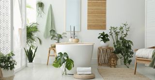 white bathroom filled with plants to suggest how to create a stress-free home