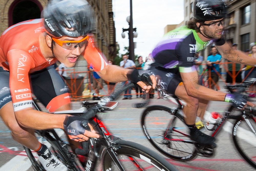 Adam de Vos (Rally Cycling) rips a corner in historic Lowertown St. Paul at the North Star Grand Prix