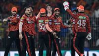 Sunrisers Hyderabad's captain Pat Cummins celebrates taking a wicket