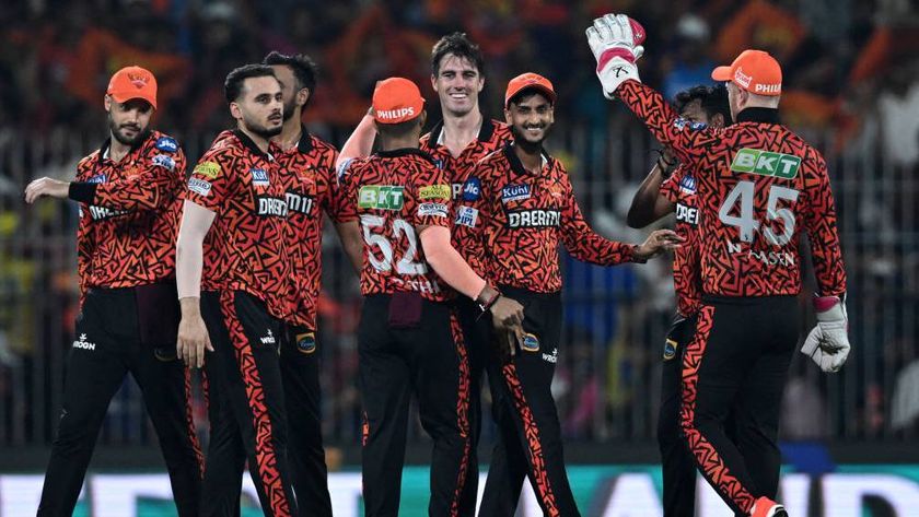 Sunrisers Hyderabad&#039;s captain Pat Cummins celebrates taking a wicket