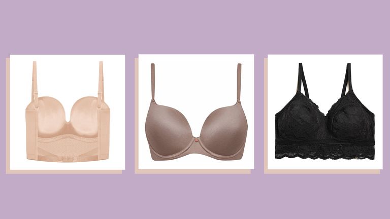 three of w&h's best bras for back fat picks on a lilac background