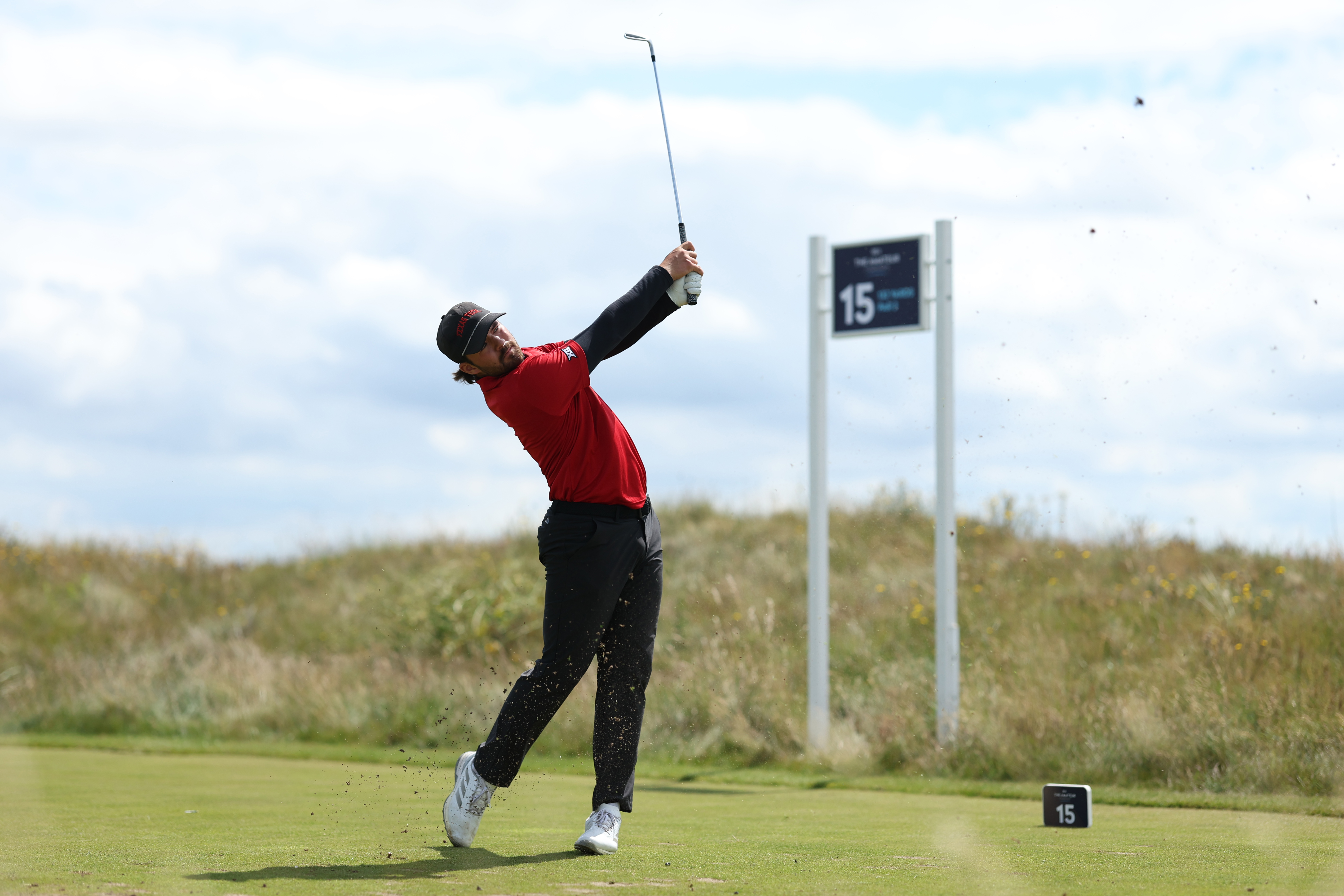 Tim Wiedemeyer tees off during Day Two of the 2026 Amateur Championship at Royal Liverpool Golf Club.
