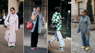 Women wearing comfortable shoes (sneakers, chunky loafers, ballet flats) in london and milan.