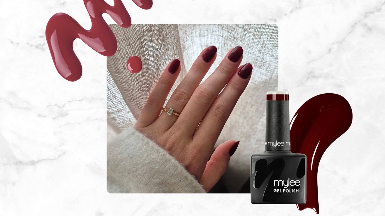 A close-up of Digital Beauty Writer, Naomi Jamieson's hand, which features a burgundy gel manicure created with Mylee's The Main Kit, alongside a product shot of the Mylee gel polish in shade Diva/ in a grey and white marble template with two nail polish spills.