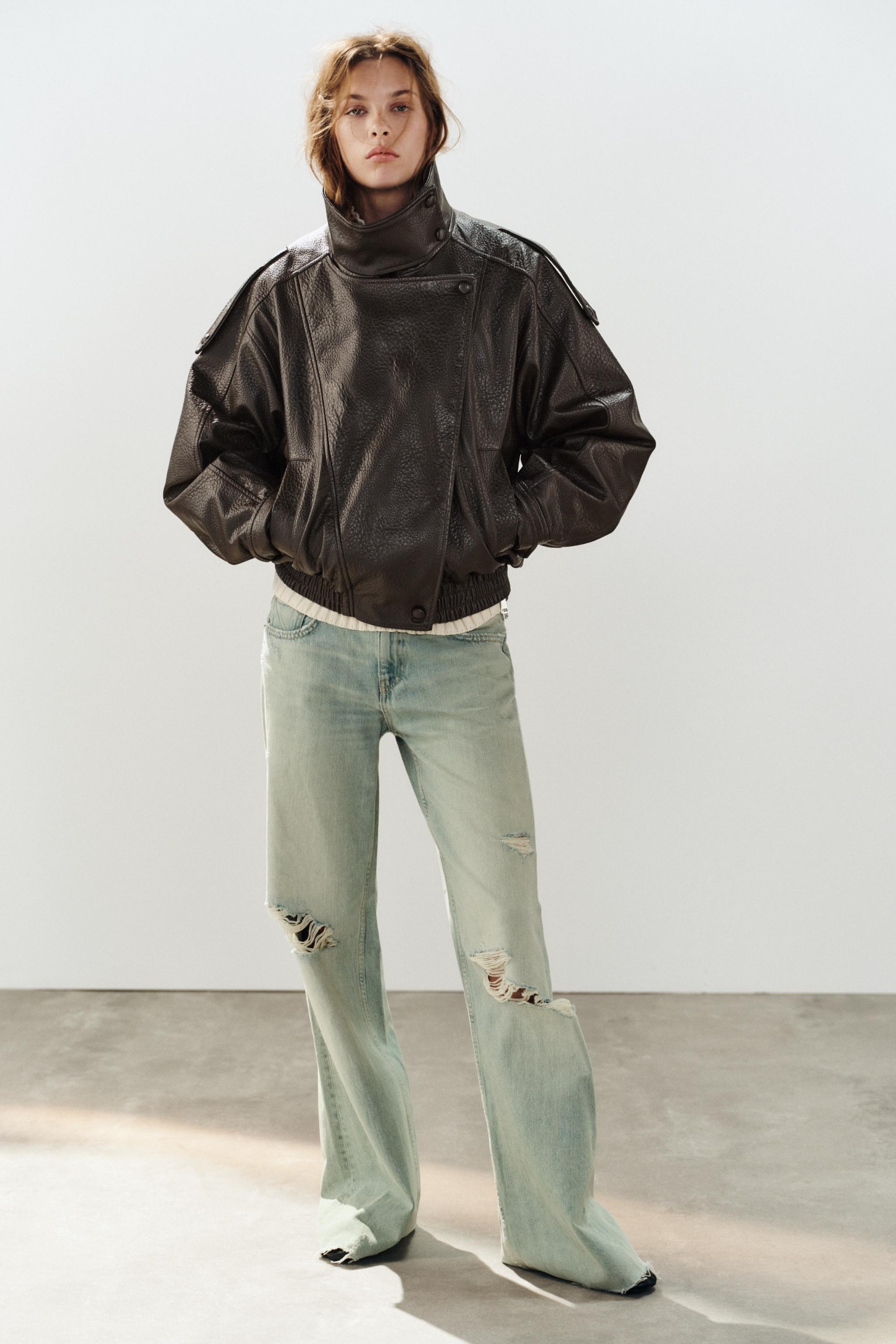 Leather Effect Biker Jacket - Brown - Xs