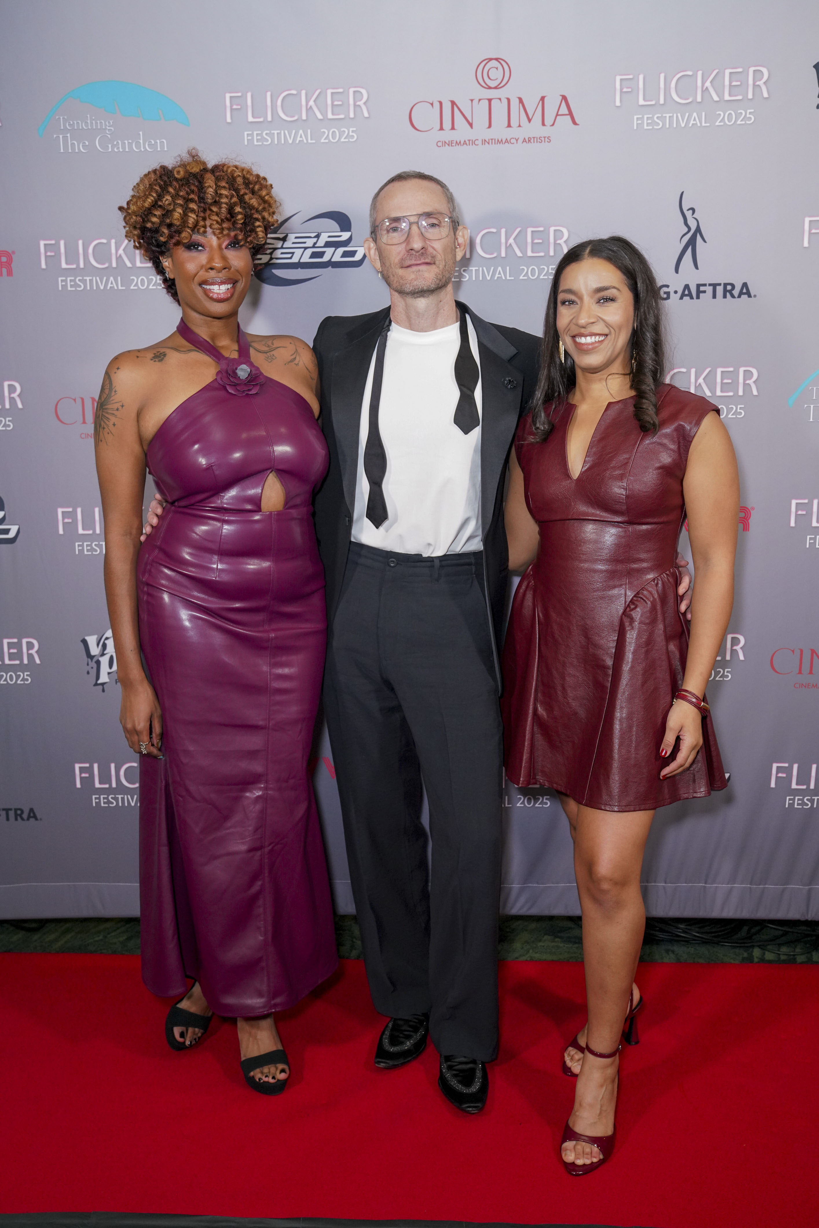 the founders of the intimacy coordinator training course cintima pose together on a red carpet at their flicker film festival 2025