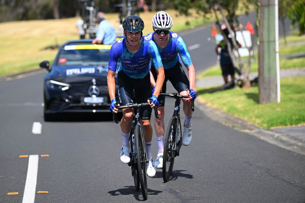 EELONG, AUSTRALIA - JANUARY 28: (L-R) Zac Marriage of Australia and Jackson Medway of Australia and Team Bridgelane compete in the breakaway during the 8th Cadel Evans Great Ocean Road Race 2024 - Men&#039;s Elite a 174.3km one day race from Geelong to Geelong / #UCIWT / on January 28, 2024 in Geelong, Australia. (Photo by Tim de Waele/Getty Images)