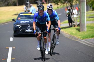 EELONG, AUSTRALIA - JANUARY 28: (L-R) Zac Marriage of Australia and Jackson Medway of Australia and Team Bridgelane compete in the breakaway during the 8th Cadel Evans Great Ocean Road Race 2024 - Men's Elite a 174.3km one day race from Geelong to Geelong / #UCIWT / on January 28, 2024 in Geelong, Australia. (Photo by Tim de Waele/Getty Images)