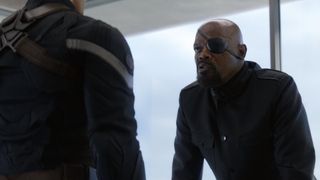 Samuel L. Jackson's Nick Fury stares down Captain America in Captain America: The Winter Soldier.