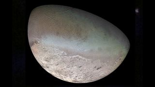 Data from Voyager 2 created with mosiac image of the lower portion of Triton, one of Neptune's moons.