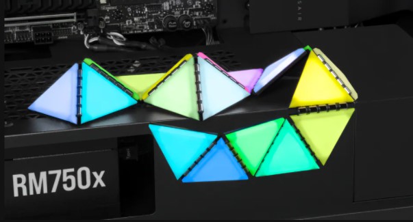 LC100 Accent lights set up as 3d pyramids inside a computer.