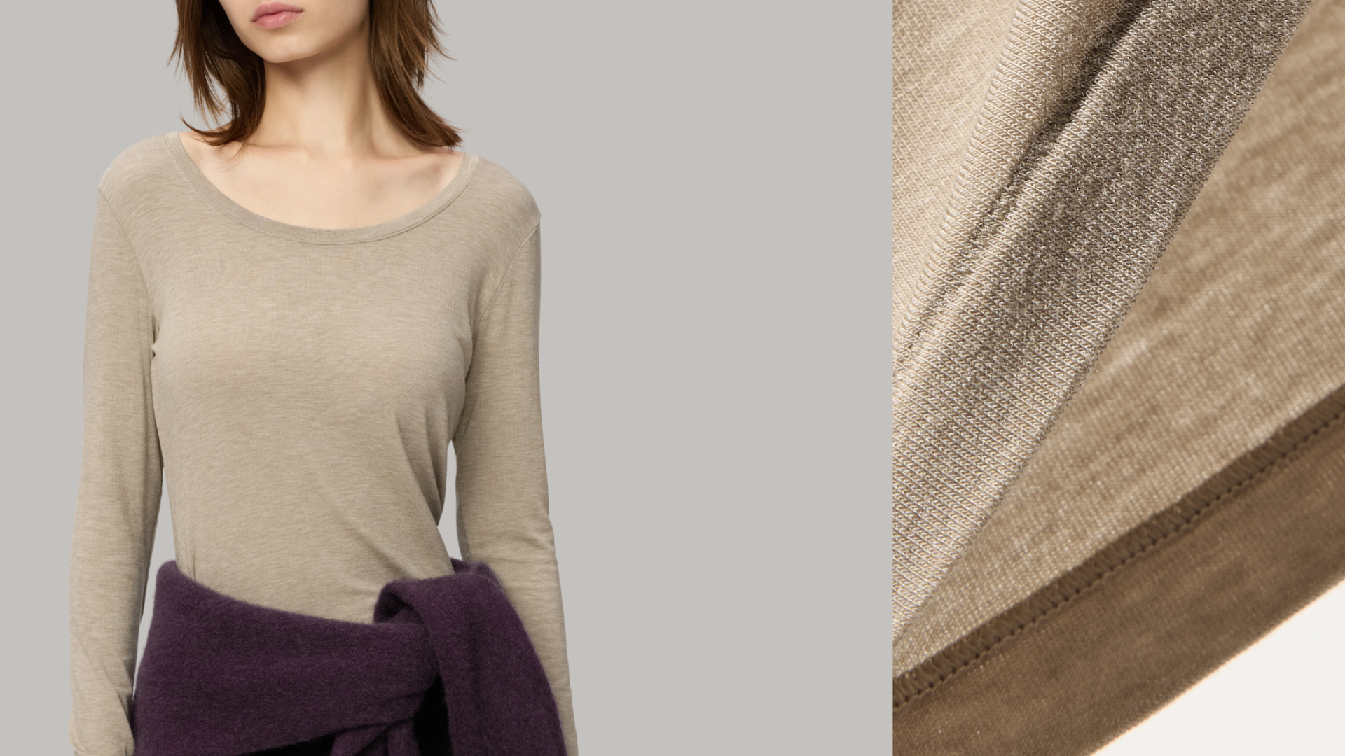 A model wearing a tan long-sleeve Uniqlo top with a purple sweater tied around their waist next to a close up image of the fabric of the tan top