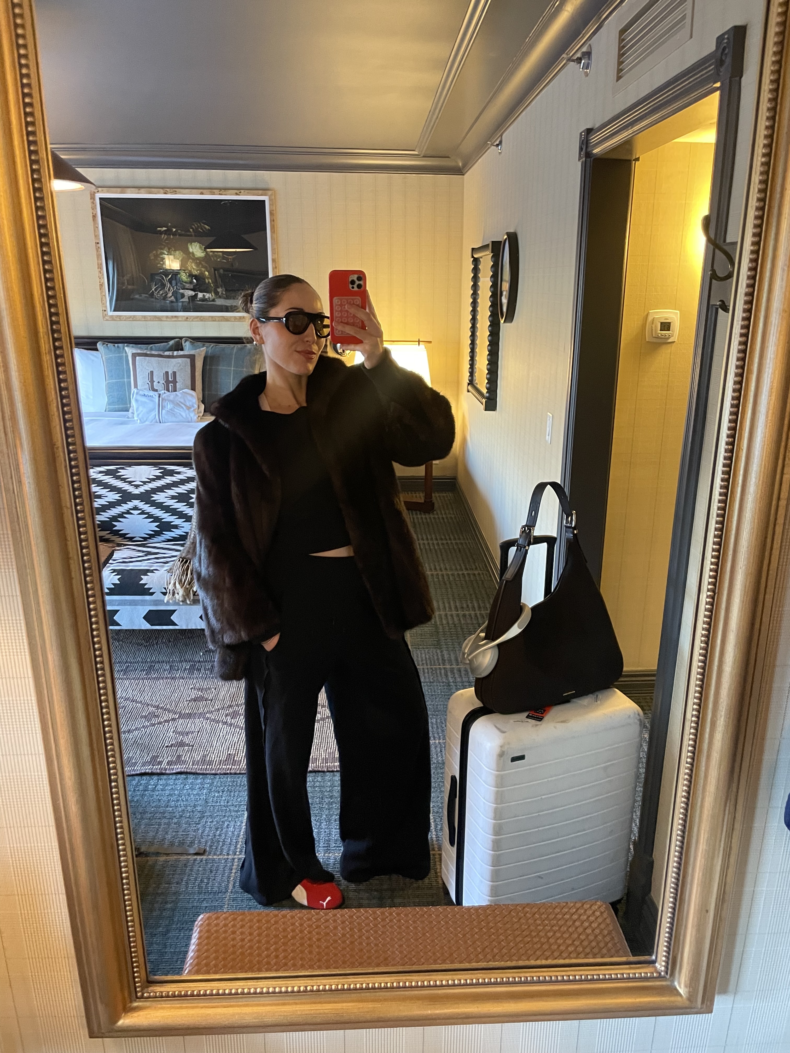 Anna LaPlaca wearing an FP Movement lounge set in Aspen.