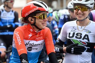 Pan American road racing champion Skylar Schneider (left) catches up with her former teammate Christine Majerus at the start of Omloop her Hageland in 2024