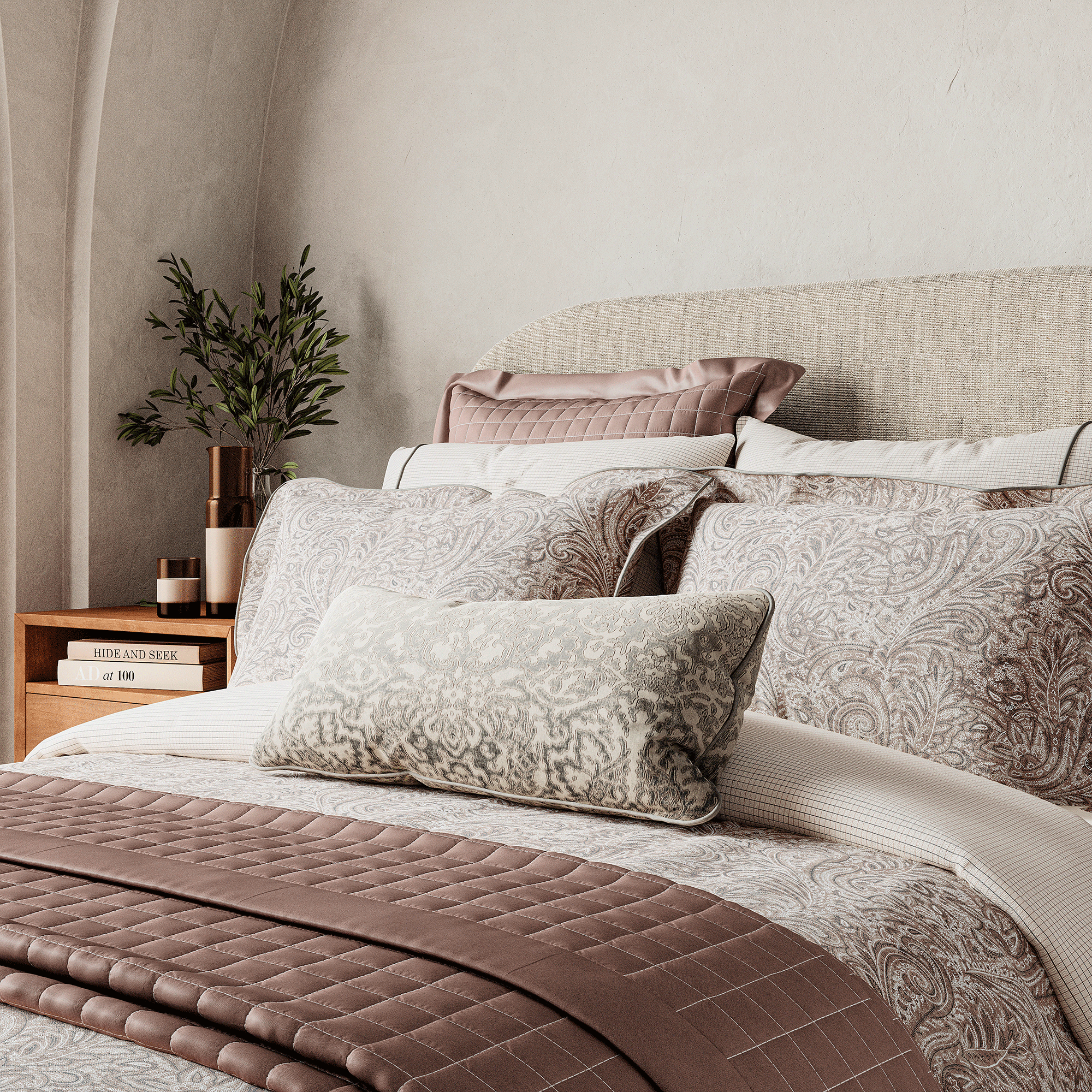 Purple paisley bedding in bedroom