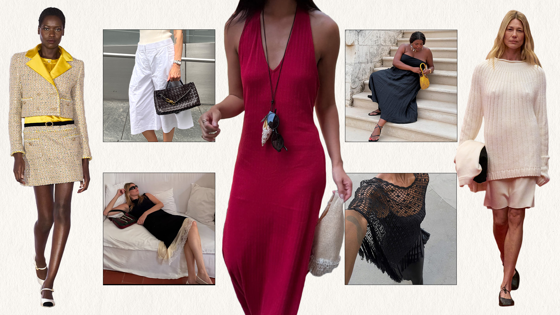 A collage featuring various runway and street style photos of women wearing summer 2025 trends.