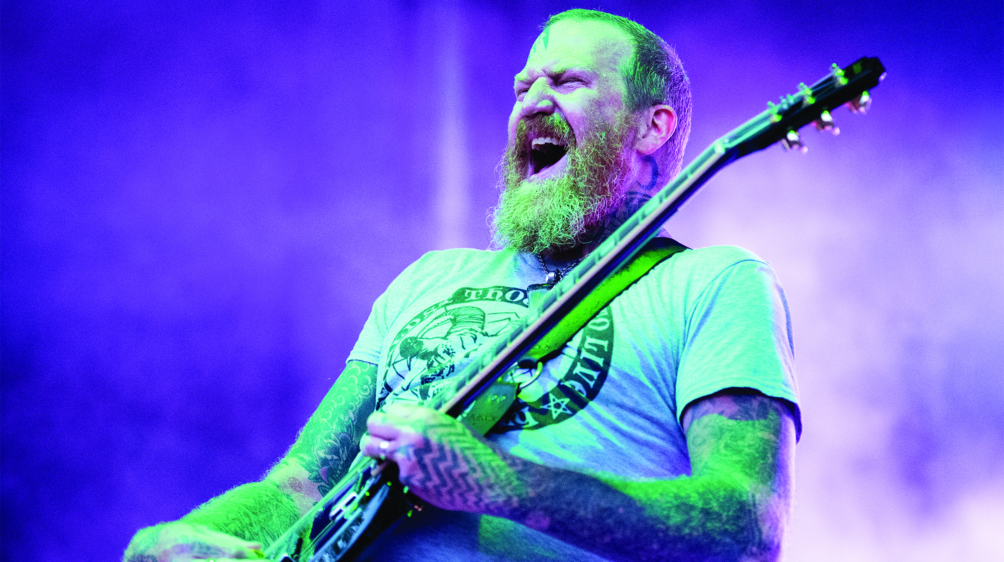 Vocalist and guitarist Brent Hinds of American heavy metal group Mastodon performing live on stage at CalCoast Credit Union Open Air Theatre in San Diego, on July 6, 2018.