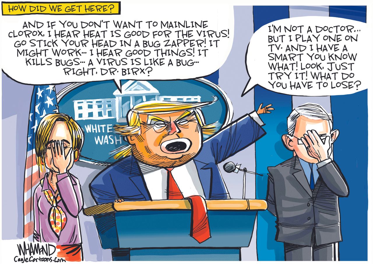 Political Cartoon U.S. Trump disinfectant press briefing coronavirus