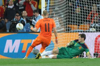 Arjen Robben's shot is saved by Iker Casillas in the 2010 World Cup final between the Netherlands and Spain in South Africa.