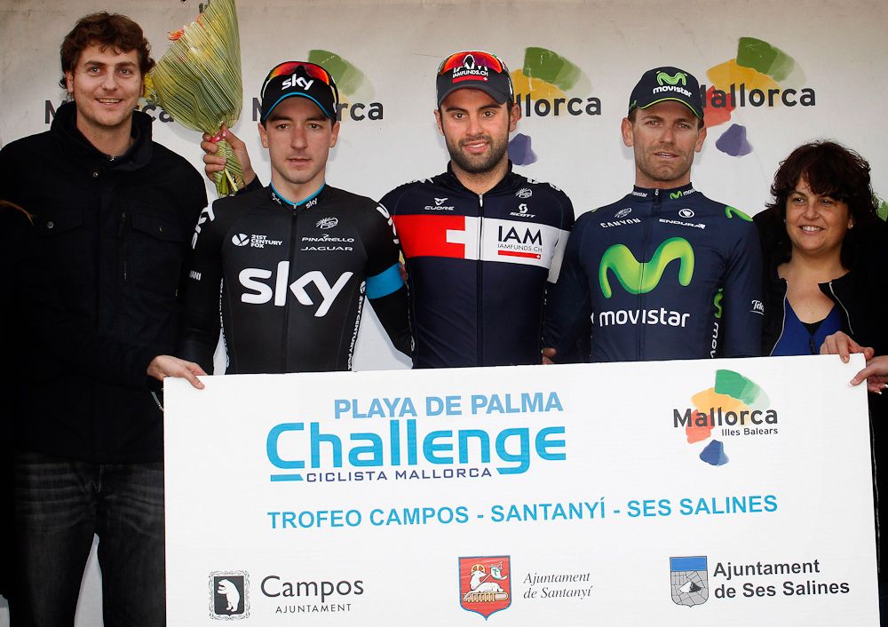 Viviani, Pelucchi and Rojas share the podium.