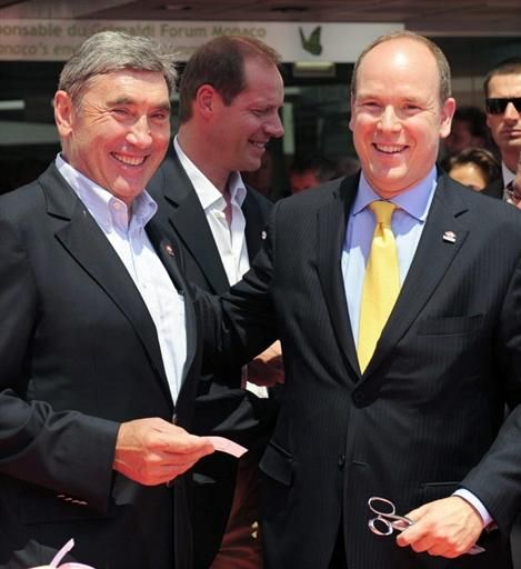 Five-time Tour de France champion Eddy Merckx (L) with Prince Albert of Monaco.