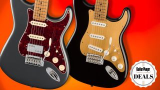 Two Fender Player Stratocasters on an orange and red background