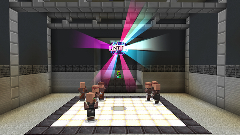 Minecraft villagers underneath a disco TNT block, with colorful lights emitting from the TNT.