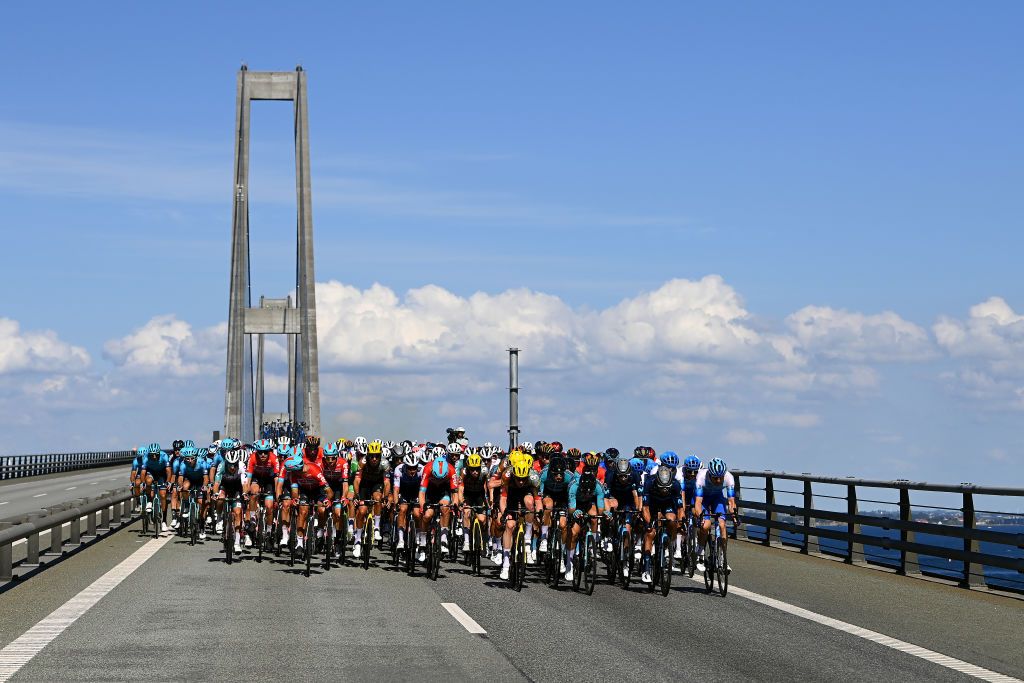 The peloton crossing the Great Belt Bridge on stage 2 at the Tour de France