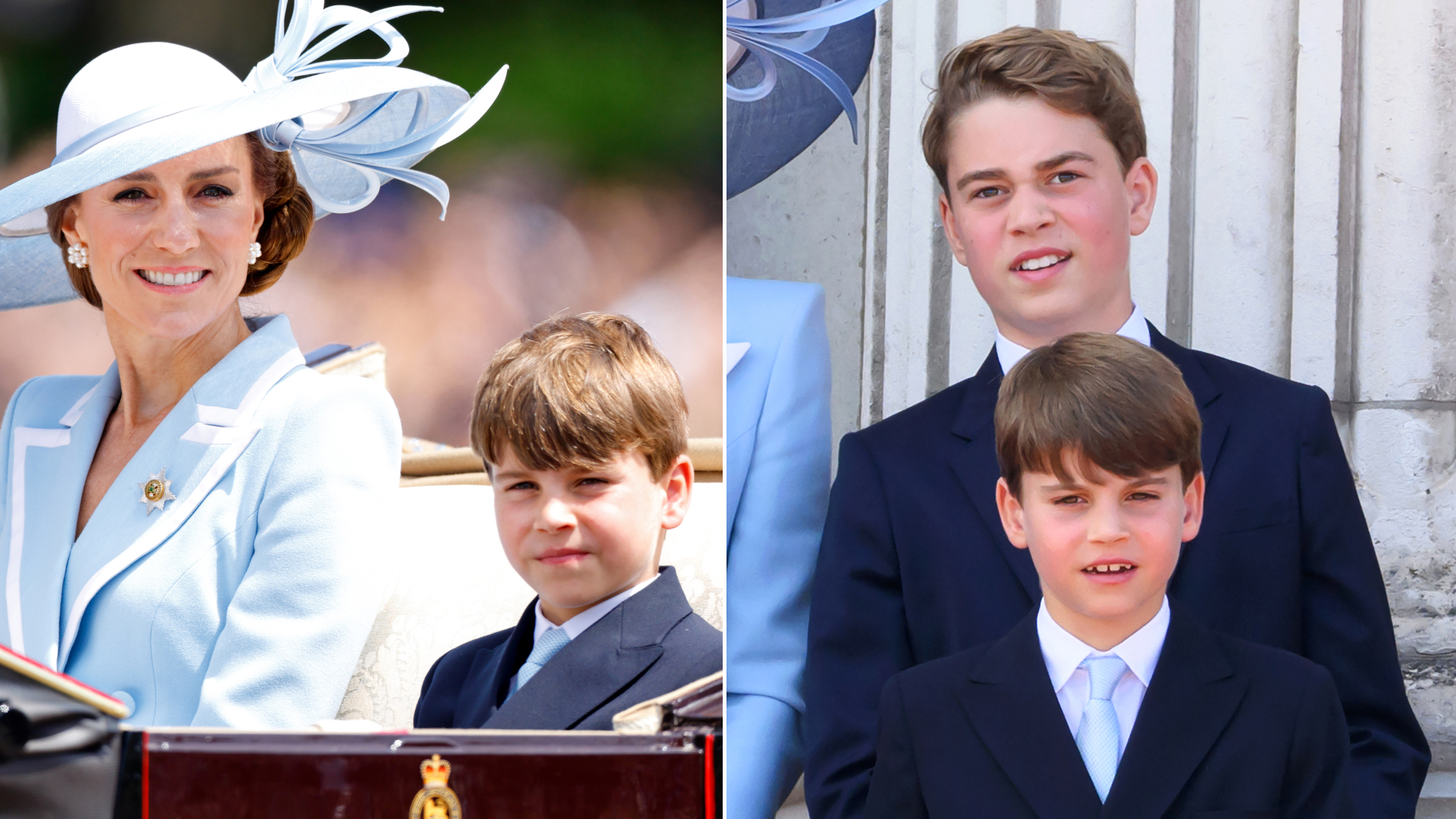 Prince Louis wears a navy blazer with gold buttons and a white shirt with a baby blue tie, which matched brother Prince George and mom Princess Kate's Trooping the Colour outfits