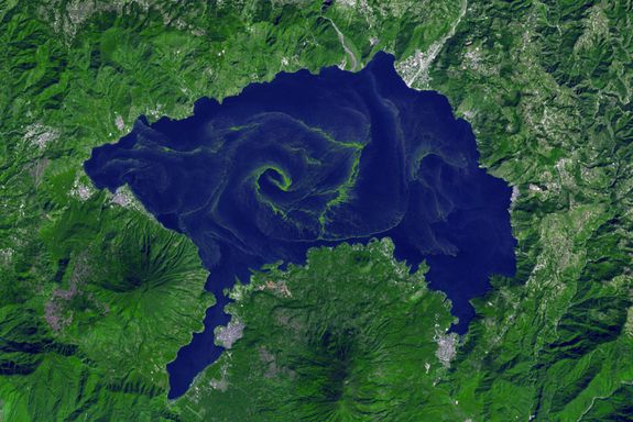 A large bloom of cyanobacteria spread across Guatemala’s Lake Atitlán.