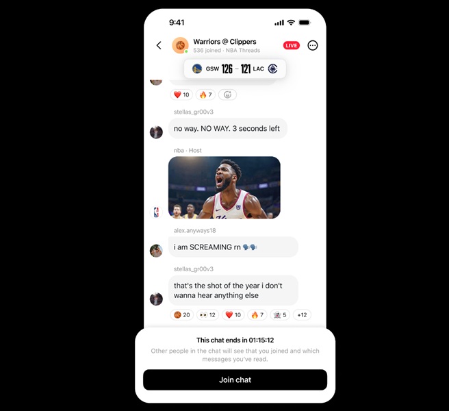 Meta's Threads features Live Chats starting for the NBA Playoffs and Finals, giving users a chance to interact with others in real-time, chat about the game, and share photos and videos.