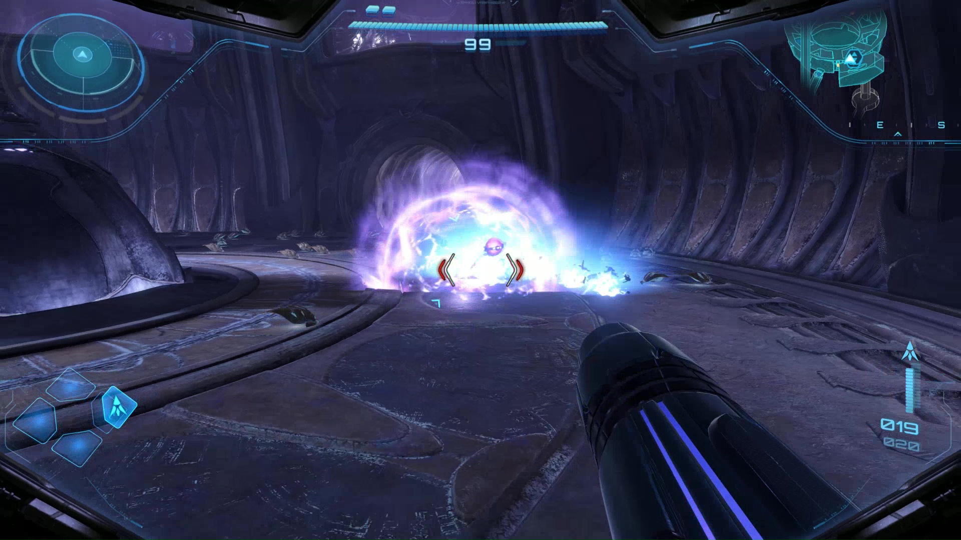Samus blows up a swarm of mechanical bugs in Metroid Prime 4