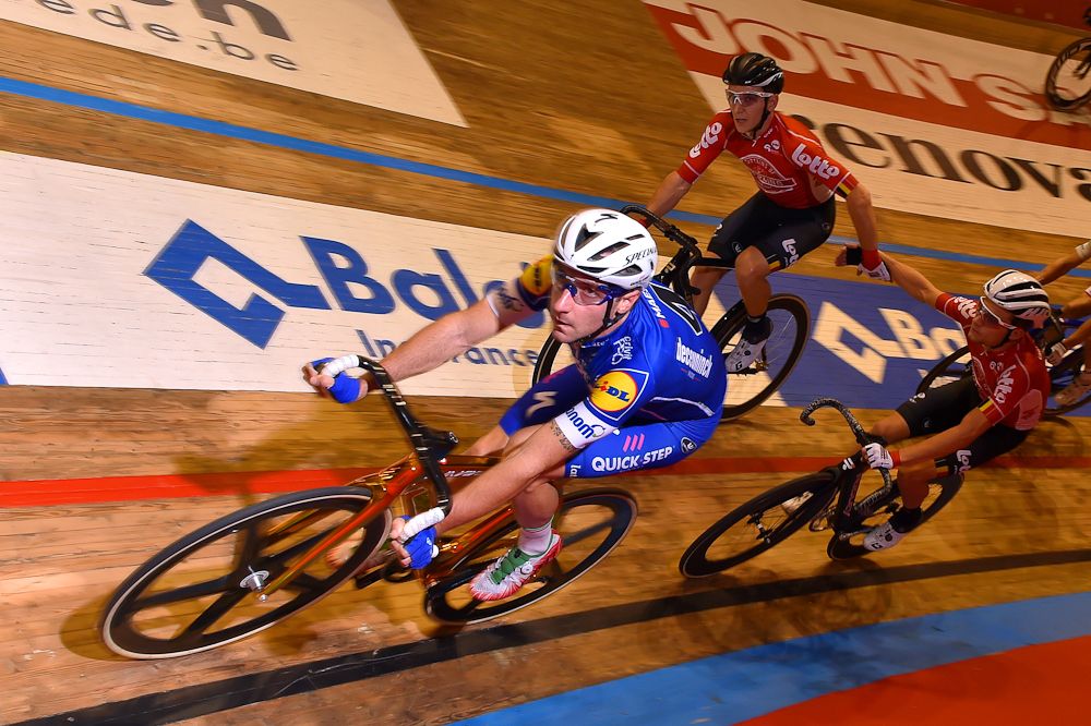 Elia Viviani competes at the Gent Six day