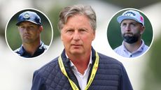 Brandel Chamblee centered with insets of Jon Rahm and Bryson DeChambeau