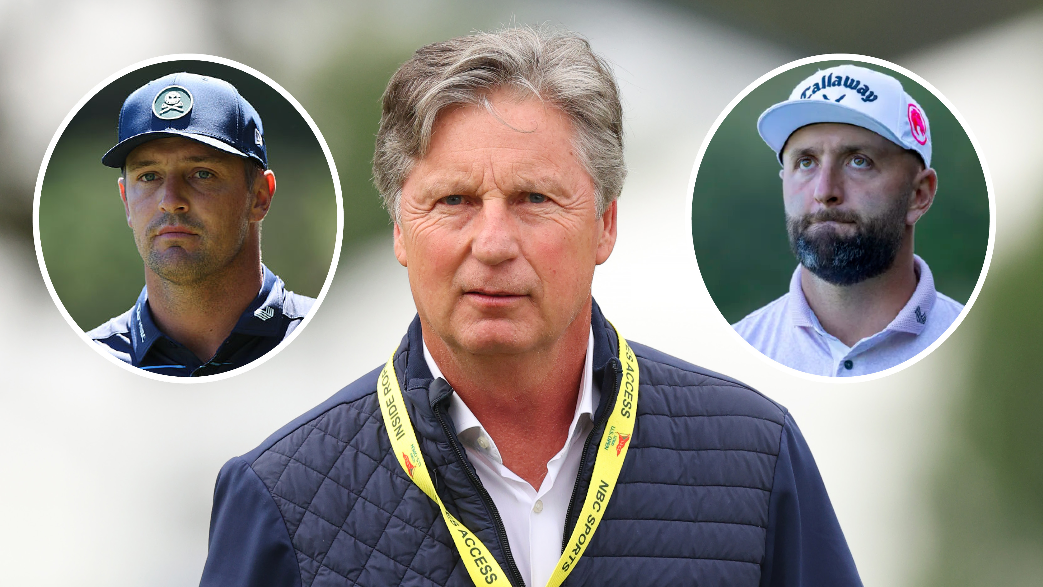 Brandel Chamblee centered with insets of Jon Rahm and Bryson DeChambeau