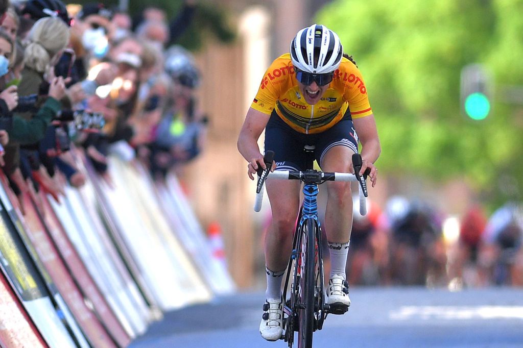 WEIMAR GERMANY MAY 29 Lucinda Brand of Netherlands and Trek Segafredo yellow leader jersey sprint at arrival during the 34th Internationale LOTTO Thringen Ladies Tour 2021 Stage 5 a 1433km stage from Weimar to Weimar ltlt2021 lottothueringenladiestour womencycling on May 29 2021 in Weimar Germany Photo by Luc ClaessenGetty Images