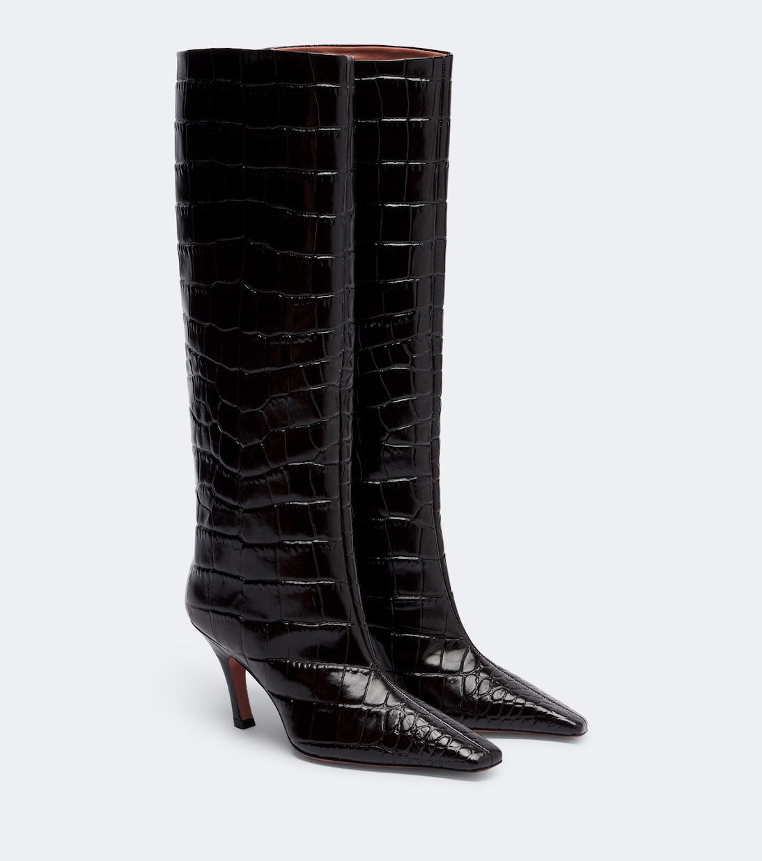 Mona Croc-Effect Leather Knee-High Boots in Brown - Amina Muaddi