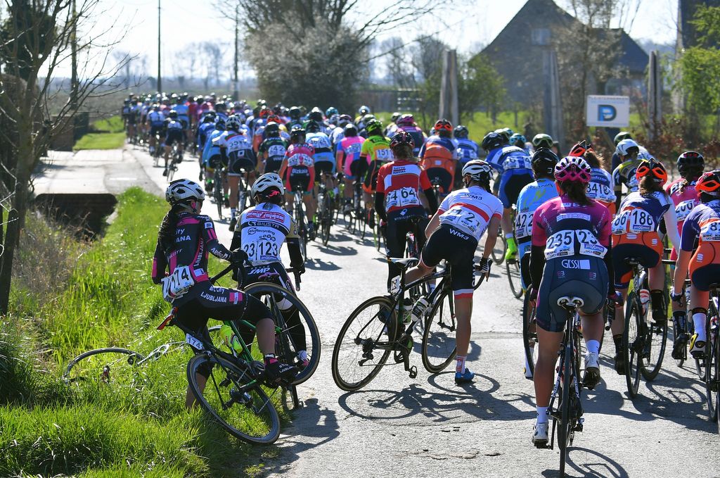 A tangle at the rear of the peloton