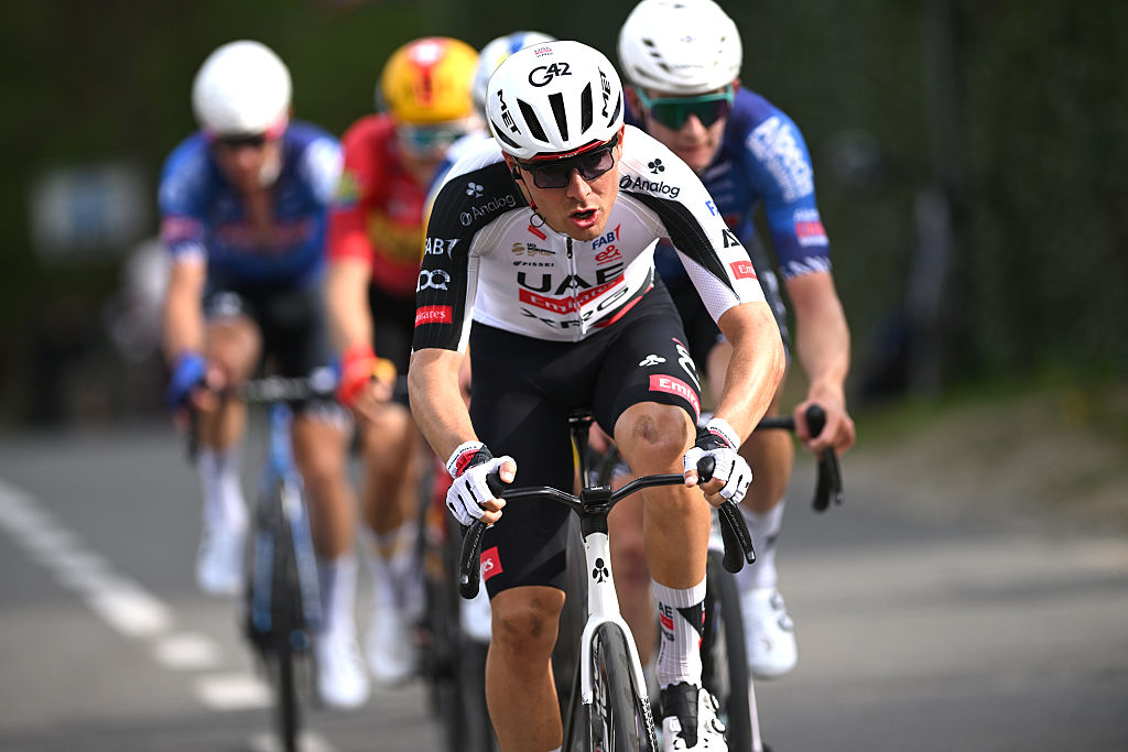 OVERIJSE, BELGIUM - APRIL 17: Benoit Cosnefroy of France and UAE Team Emirates - XRG competes in the breakaway during the 65th De Brabantse Pijl - La Fleche Brabanconne 2026, Men&amp;amp;apos;s Elite a 162.6km one day race from Beersel to Overijse on April 17, 2026 in Overijse, Belgium. (Photo by Luc Claessen/Getty Images)