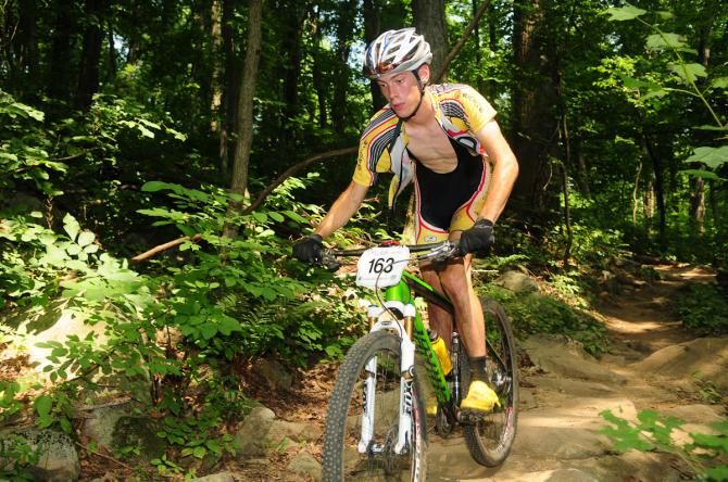 Byron Rice (Clemmons Bicycle Racing) descending on the third lap