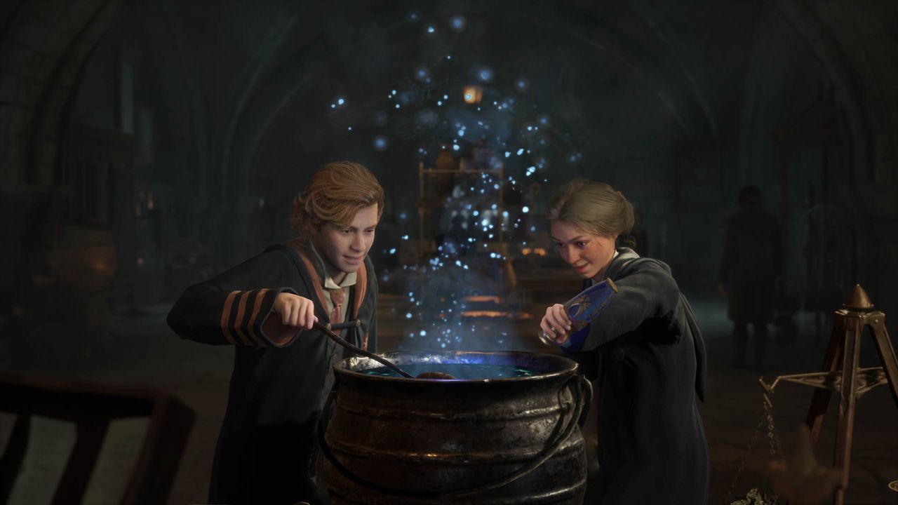 Witches and Wizards around a cauldron in Hogwarts Legacy