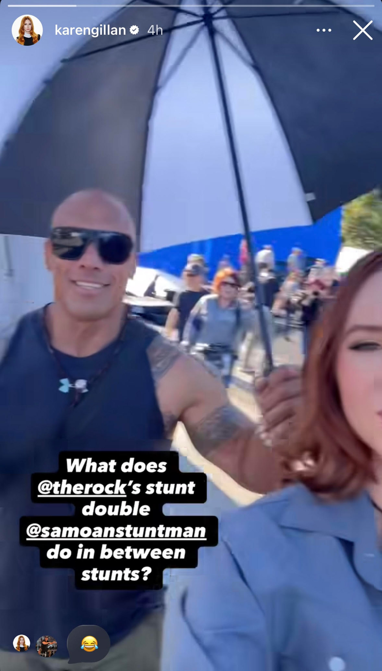 Karen Gillan shared an Instagram video of The Rock's stunt double doubling as her umbrella man.