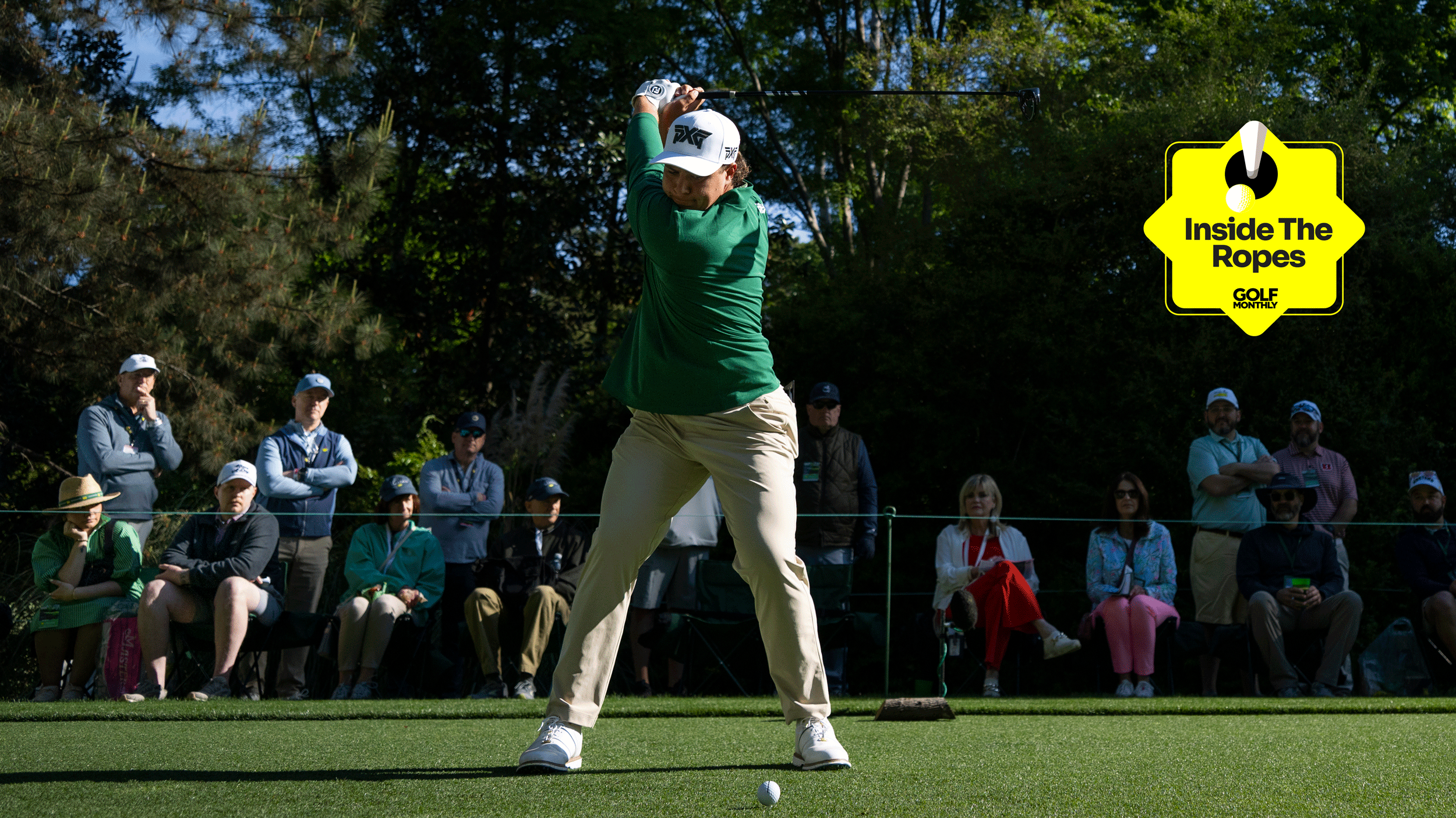 A side-on view of Aldrich Potgieter hitting a tee shot at The Masters in 2026 with the Inside The Ropes sticker in the top-right corner