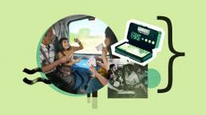 Photo collage of a game of Kanoodle, a family playing cards on a train, and another family playing Mancala