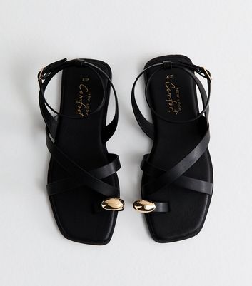 Black Faux Leather Multi Strap Toe Ring Flat Sandals