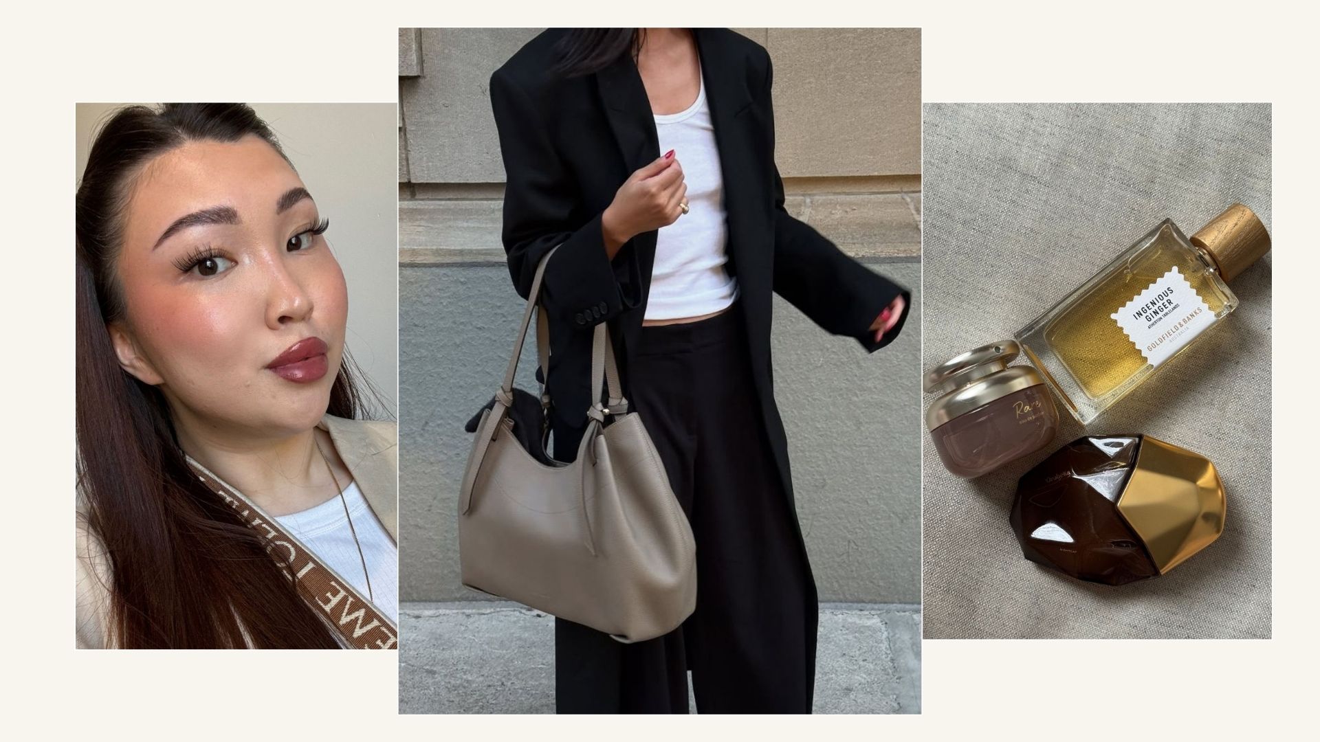A collage including lifestyle and product imagery featuring @deniseprimbet; @mimixn