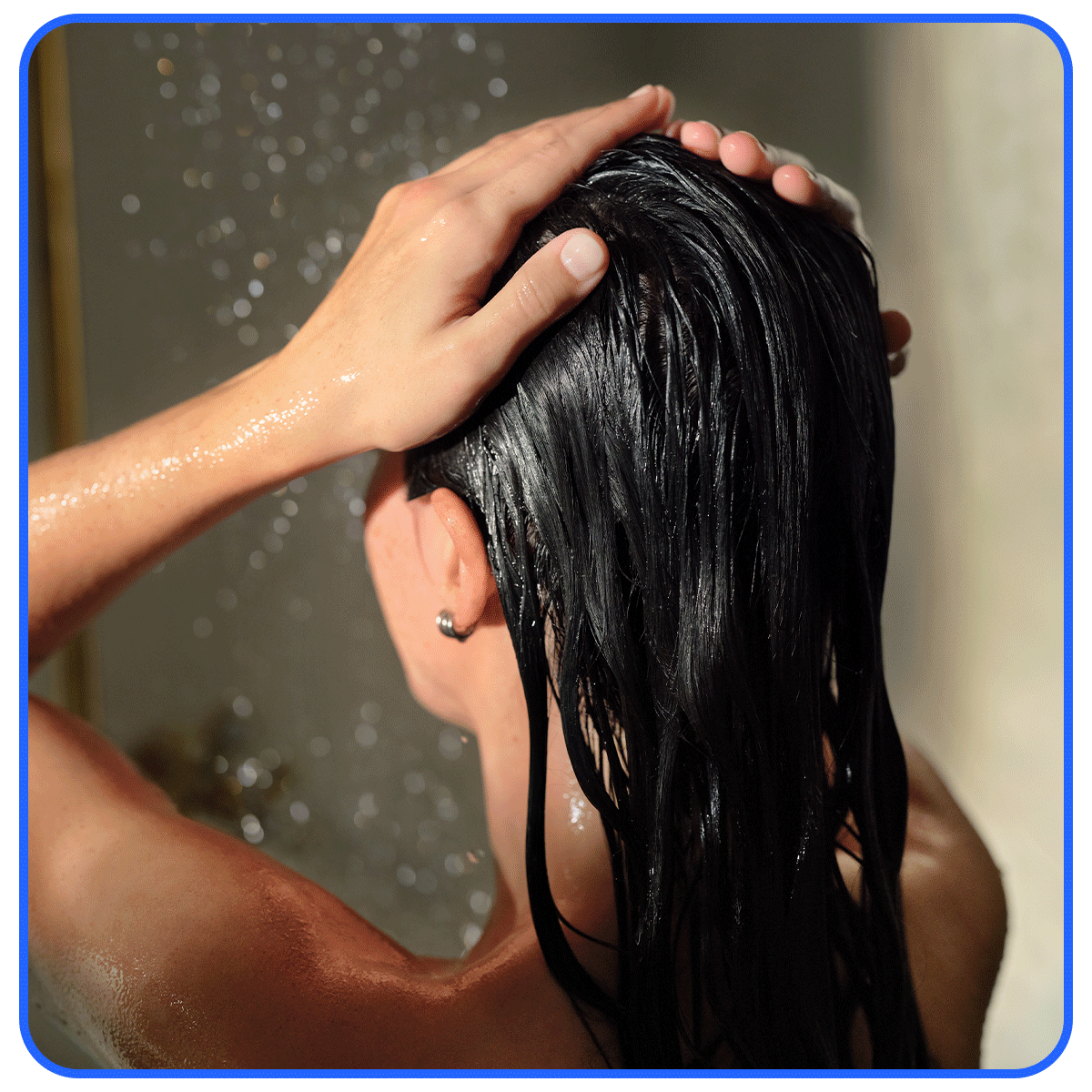 A gif of a woman washing her hair and the Culligan Water Softener. 