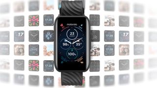A render of the Moto Watch 40 in front of dozens of different possible watch faces. 