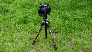 Manfrotto Elements MII tripod stood on grass supporting a mirrorless camera